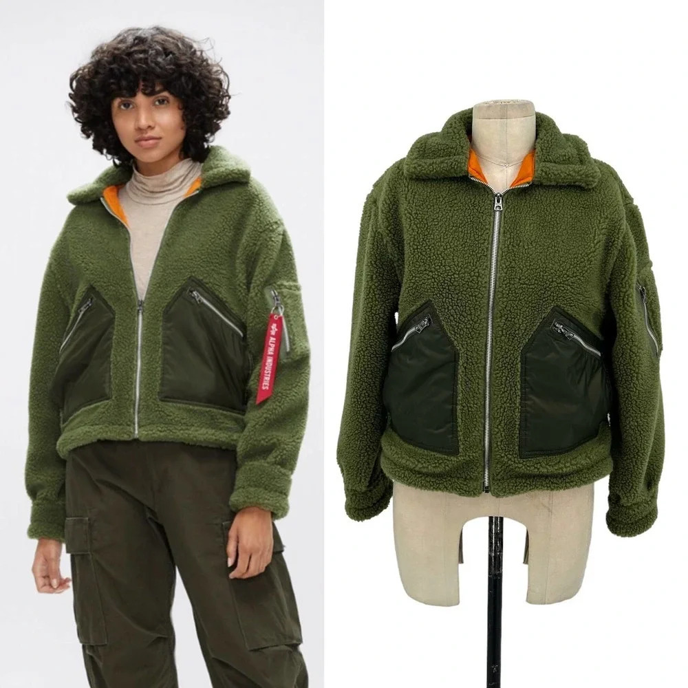 Alpha Industries Cropped Sherpa Utility Jacket Bomber Olive Green Size XS